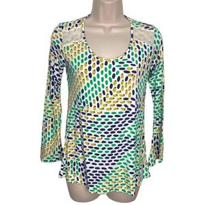 Cosabella Long Sleeve Viscose Blend Stretch Print Top with Lace Insets sz S‎